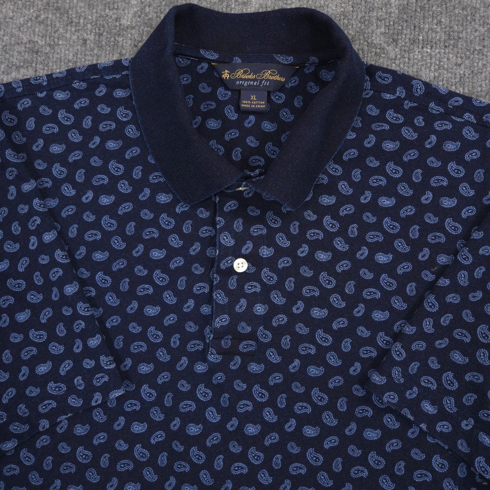 Brooks‎ Brothers Polo Shirt Mens XL Blue Indigo Dyed Cotton Paisley Print AOP